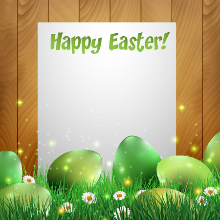 Green Easter eggs with a wooden background and white paper. Vector illustration.のイラスト素材