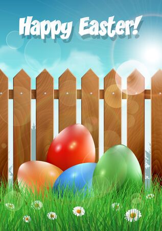 Easter card with Easter eggs and wooden fence. Vector illustration.のイラスト素材
