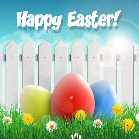 Easter card with Easter eggs and flowers, white wooden fence. Vector illustration.のイラスト素材