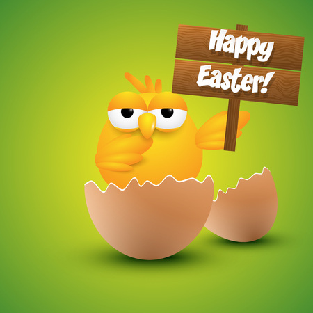 Small chick hatching from an egg, holding a happy Easter sign. Vector illustration.のイラスト素材