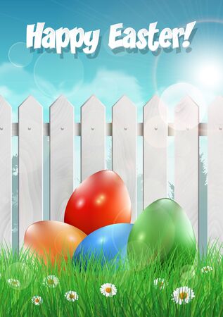 Easter card with Easter eggs and white wooden fence. Vector illustration.のイラスト素材