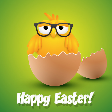 Small chick with hipster glasses hatching from an egg, ester greeting card. Vector illustration.のイラスト素材