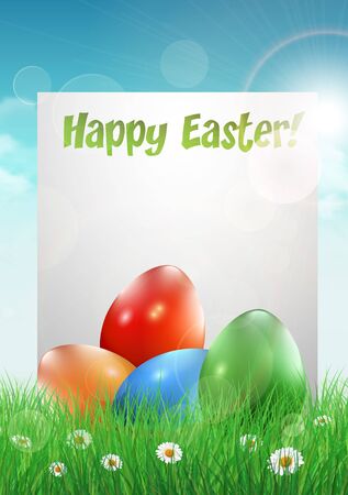 Easter eggs on a grass field with white paper. Vector illustration.のイラスト素材