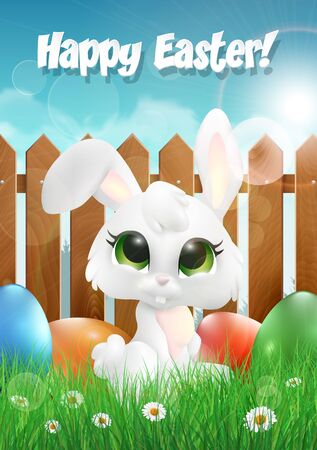Easter bunny siting on a grass among Easter eggs. Vector illustration.のイラスト素材