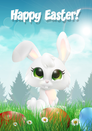Easter bunny siting on a grass among Easter eggs. Vector illustration.のイラスト素材