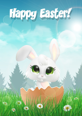 Easter bunny hatching from an egg on a field with flowers.Vector illustration.のイラスト素材