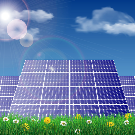 Solar panels in a field, ecology concept illustration.のイラスト素材