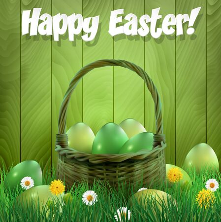 Easter basket with green Easter eggs, wooden background. illustration.のイラスト素材