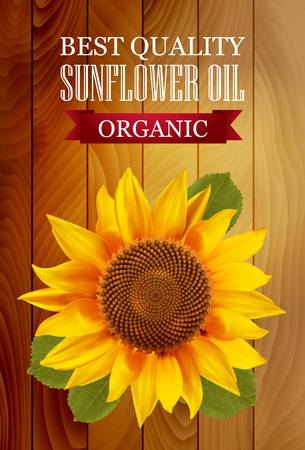 Sunflower oil label with a wooden background. illustration.のイラスト素材