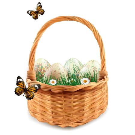 Realistic Easter eggs with patterns in a basket. illustration.のイラスト素材