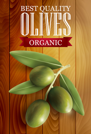 Green olive label with a wooden background. illustration.のイラスト素材