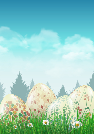 Easter eggs on a field with small white flowers. illustration.のイラスト素材