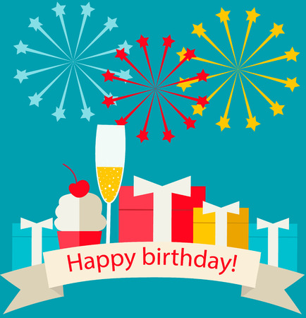 Happy birthday card with gifts, champagneのイラスト素材