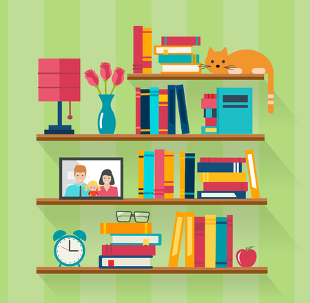 Bookshelves with books in room interiorのイラスト素材