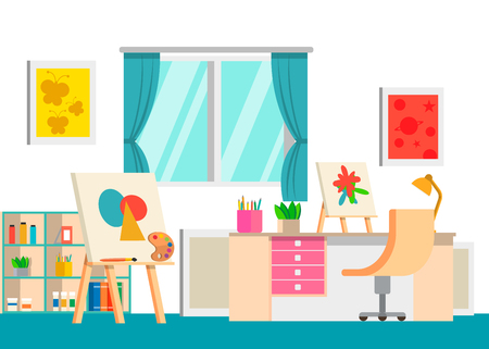 Art studio design interior, vector illustration. Art work spaceのイラスト素材