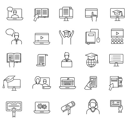 Online education and learning line icons set. Study online webのイラスト素材