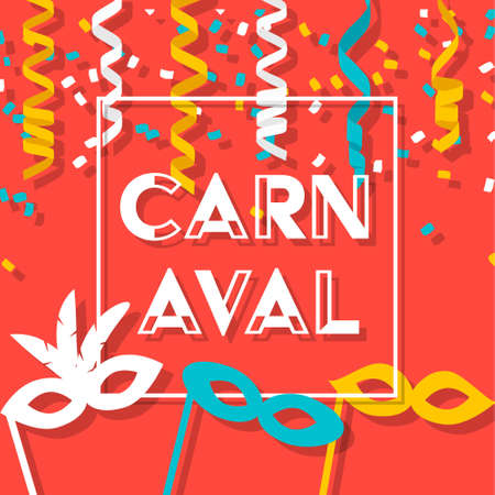 Brazil Carnival Event Sign With Colorful Party Elements, Masks And Confettiのイラスト素材