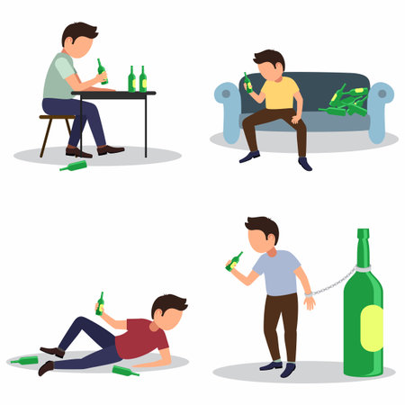Alcoholism risks, danger from boozing icons set. Effect of alcohol abuse concept.のイラスト素材