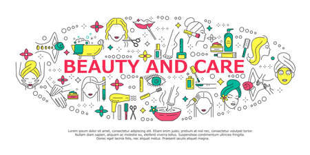 Spa, care and beaty round banner. Collection of icons in modern linear style for spa salon, beauty centerのイラスト素材