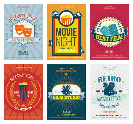 Cinema posters in retro style. Vintage movie flyers set. Perfect for ad, banner, print and more.のイラスト素材