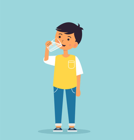 Boy drinking water, vector illustration. Thirsty childのイラスト素材