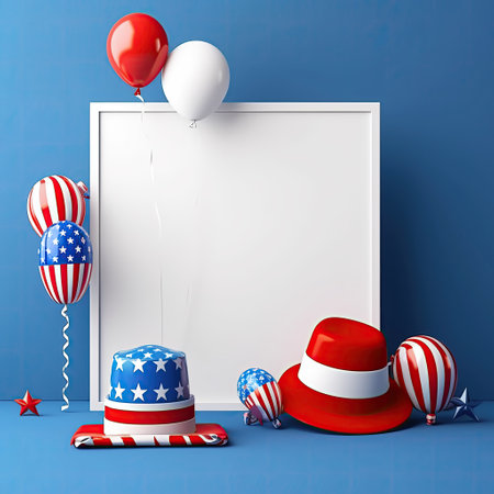 4th of July USA Independence Day background with american hat, balloons and blank paper sheetの素材
