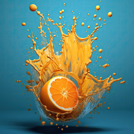 Orange fruit in juice splash on blue background. 3d rendering.の素材
