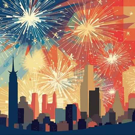 Fireworks over the city. Cityscape background. vector illustration.の素材