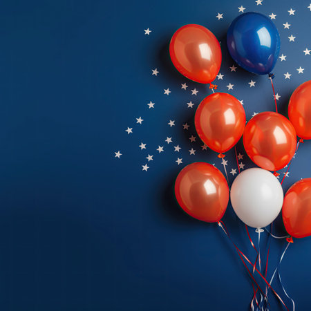 Red and white balloons with stars on blue background. 3d illustration.の素材