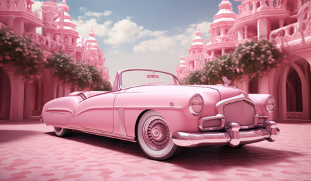Pink vintage car on the background of the temple. 3d renderingの素材