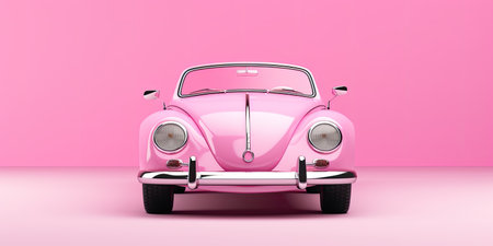 Pink vintage car on a pink background. 3d render illustration.の素材