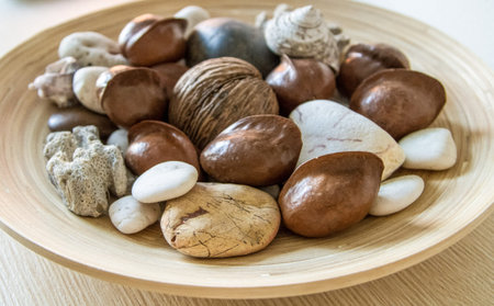 Dried seeds, nuts and pebbles in the bamboo round plate