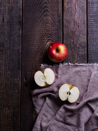 Ripe red apples on table close upの写真素材