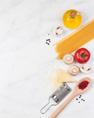 Minimalist style flat lay pasta recipe ingredient on white background. Kitchen wallpaper poster design.の写真素材