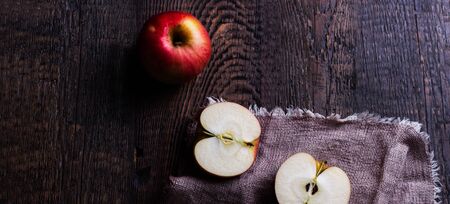 Ripe red apples on table close upの写真素材