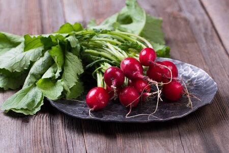 Freshly harvested, purple colorful radish on wooden background.の写真素材