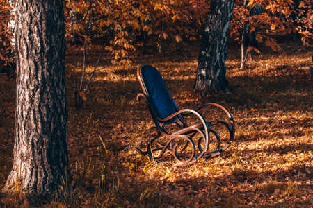 Rocking chair in the autumn garden. Autumn mood.の写真素材