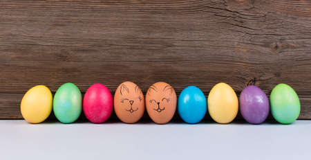 Colorful pastel easter eggs on wooden board background.の写真素材