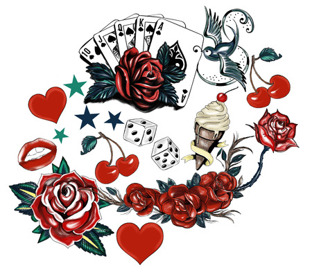 tattoo flower heart bird setのイラスト素材
