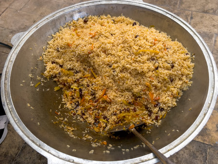 Pilaf cooked in a pan on the street in India.の写真素材