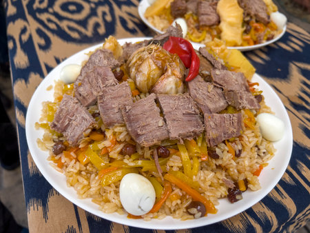 Traditional Turkish pilaf with meat, vegetables and spices on a plateの写真素材