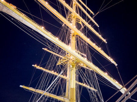 Masts of a sailing ship at night, close-up.の写真素材