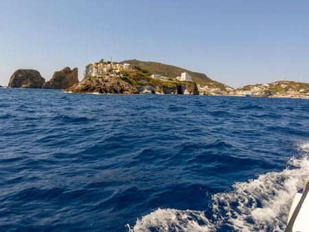 View of the island of Santorini from the boat, Greeceの写真素材