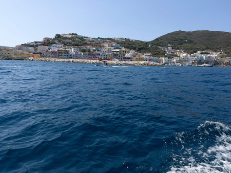 View of the island of Mykonos from the sea, Greece