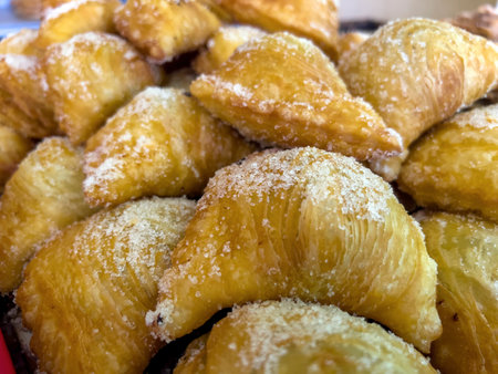 Close-up of a pile of freshly baked croissants.の写真素材