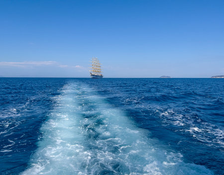 Sailing boat in the sea against the background of the blue skyの写真素材