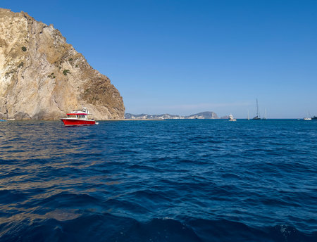 Red boat on the seaの写真素材