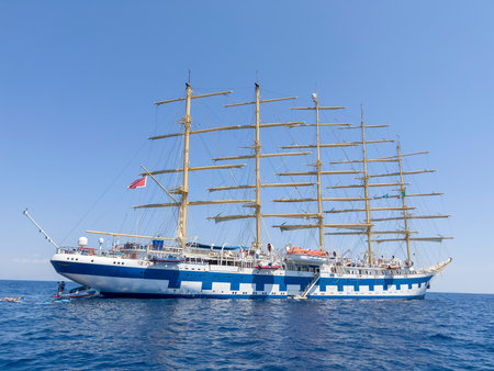 Sailing ship in the Mediterranean Sea on a background of blue skyの写真素材