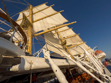 Masts and rigging of a sailing ship in the port of Rhodes, Greeceの写真素材