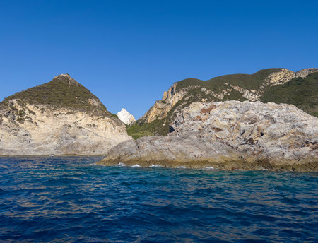 Rocky coast of the island of Capri in the Mediterranean Sea, Italyの写真素材